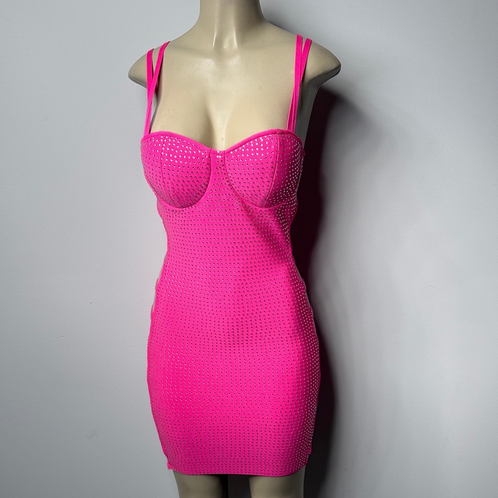 AKIRA Hot Pink Studded Cutout Bodycon Mini Dress - Picture 3 of 10